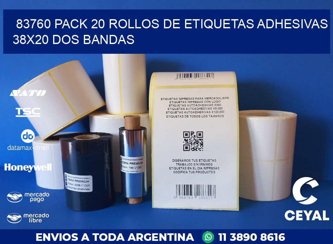 83760 PACK 20 ROLLOS DE ETIQUETAS ADHESIVAS 38X20 DOS BANDAS