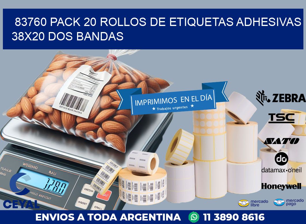 83760 PACK 20 ROLLOS DE ETIQUETAS ADHESIVAS 38X20 DOS BANDAS