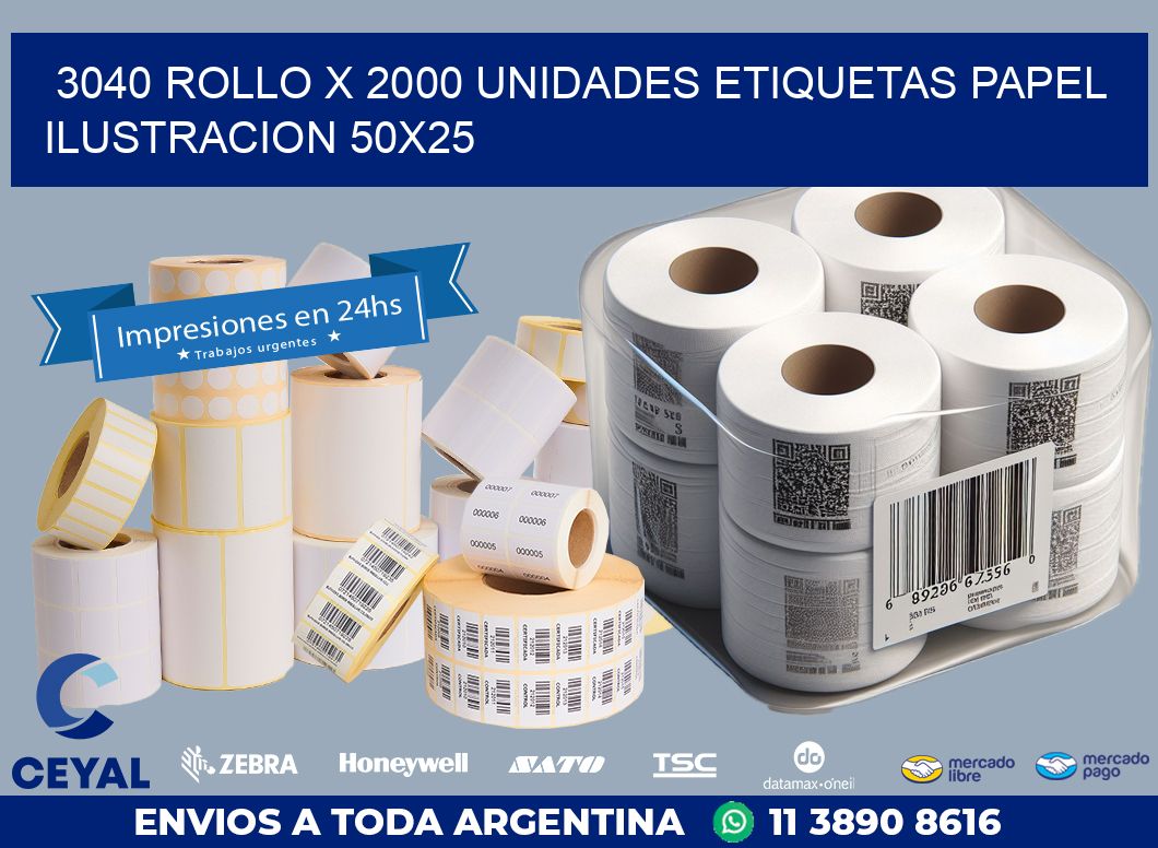 3040 ROLLO X 2000 UNIDADES ETIQUETAS PAPEL ILUSTRACION 50X25