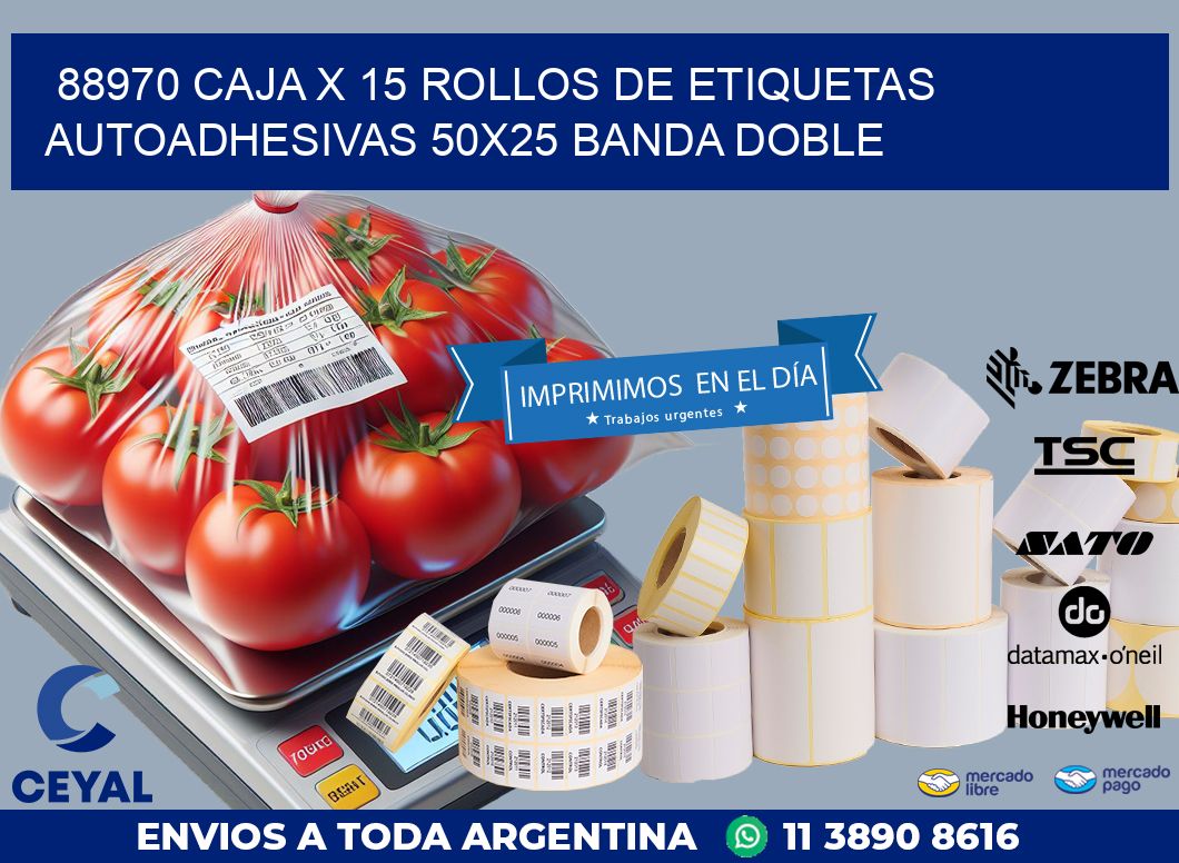 88970 CAJA X 15 ROLLOS DE ETIQUETAS AUTOADHESIVAS 50X25 BANDA DOBLE