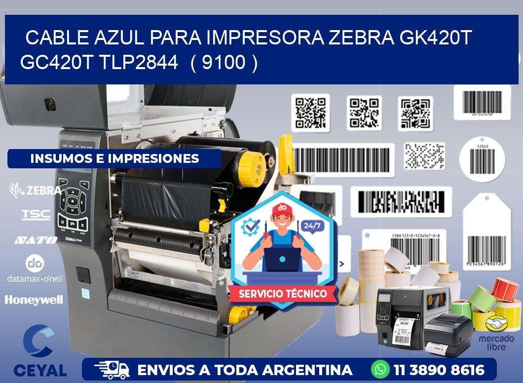 cable azul para impresora zebra GK420T GC420T TLP2844 ( 9100 )