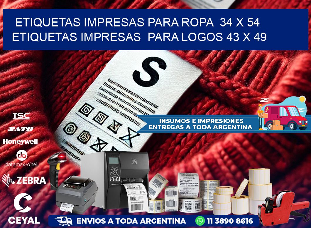 ETIQUETAS IMPRESAS PARA ROPA  34 x 54 ETIQUETAS IMPRESAS  PARA LOGOS 43 x 49