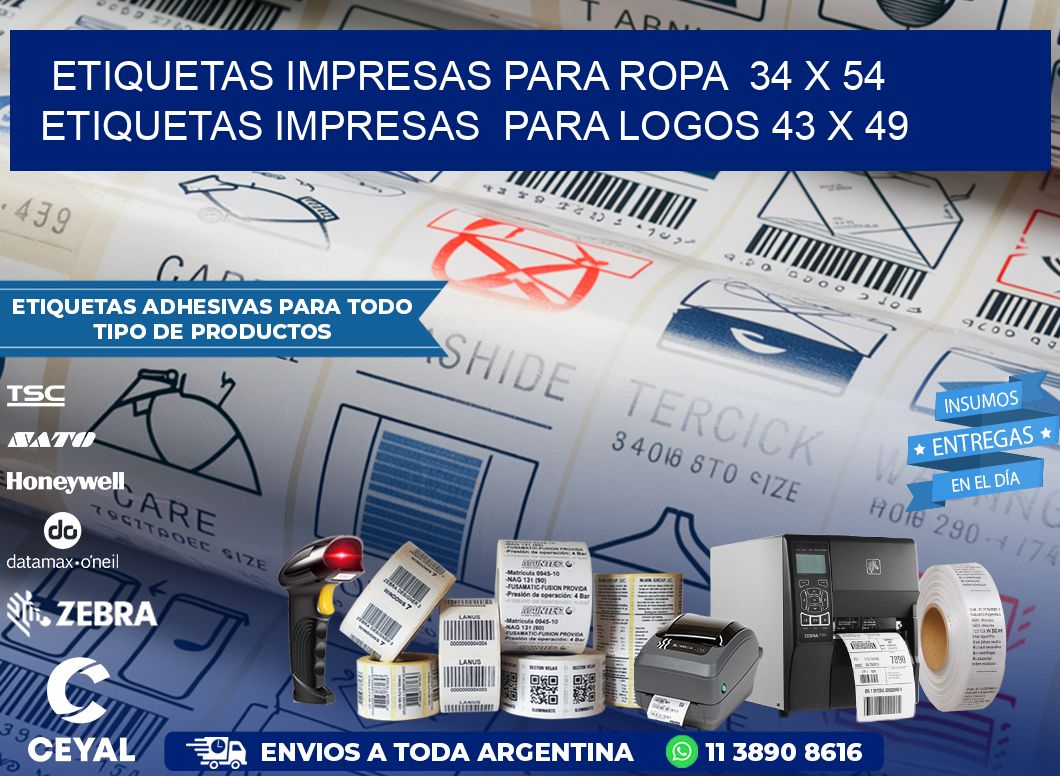 ETIQUETAS IMPRESAS PARA ROPA  34 x 54 ETIQUETAS IMPRESAS  PARA LOGOS 43 x 49