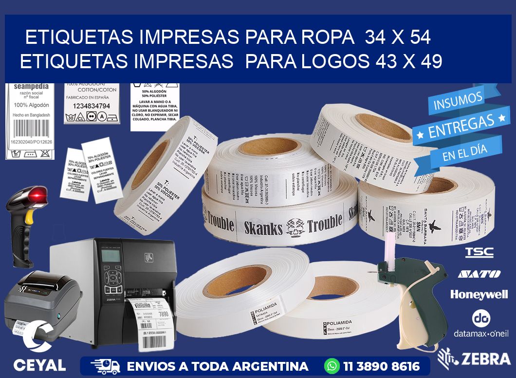 ETIQUETAS IMPRESAS PARA ROPA  34 x 54 ETIQUETAS IMPRESAS  PARA LOGOS 43 x 49