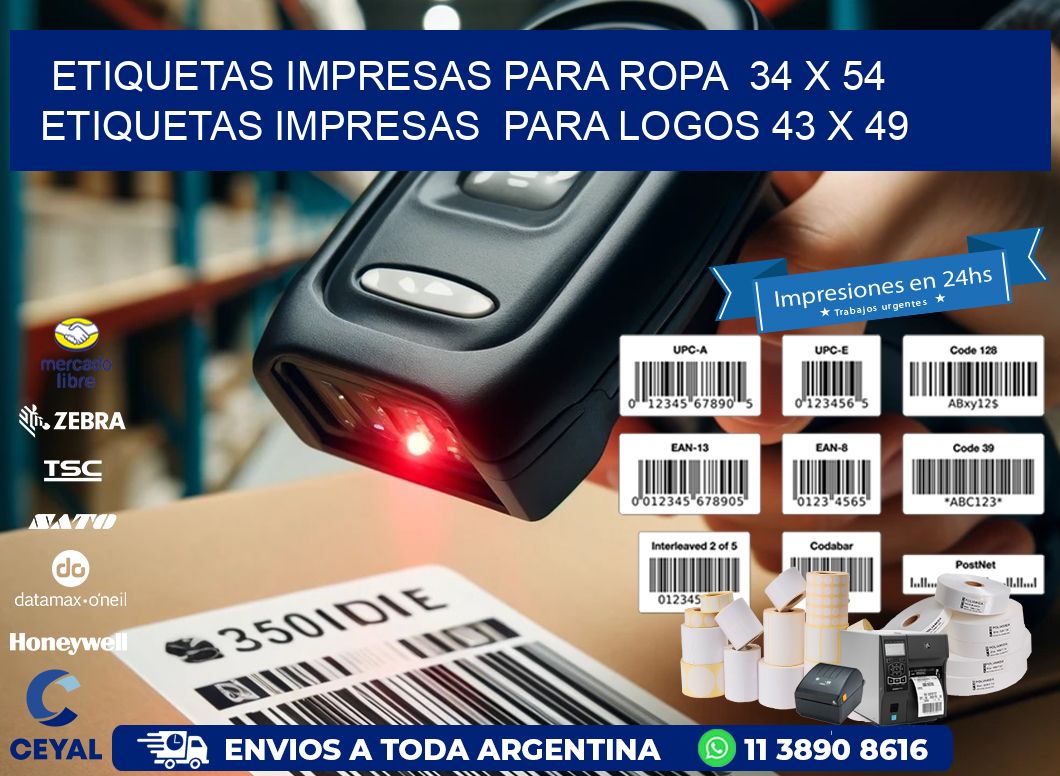 ETIQUETAS IMPRESAS PARA ROPA  34 x 54 ETIQUETAS IMPRESAS  PARA LOGOS 43 x 49