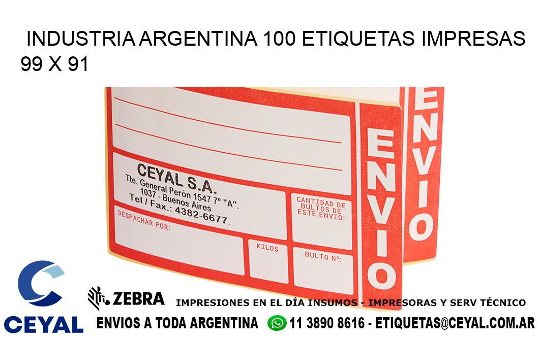 INDUSTRIA ARGENTINA 100 ETIQUETAS IMPRESAS 99 x 91