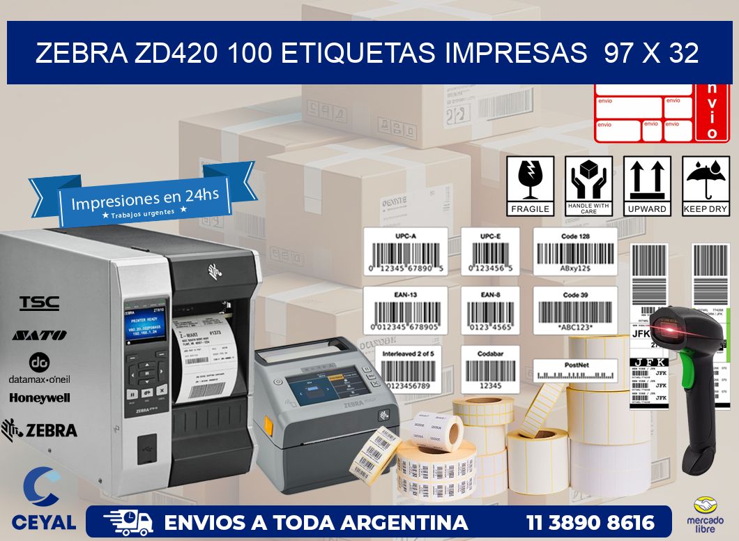 ZEBRA ZD420 100 ETIQUETAS IMPRESAS  97 x 32