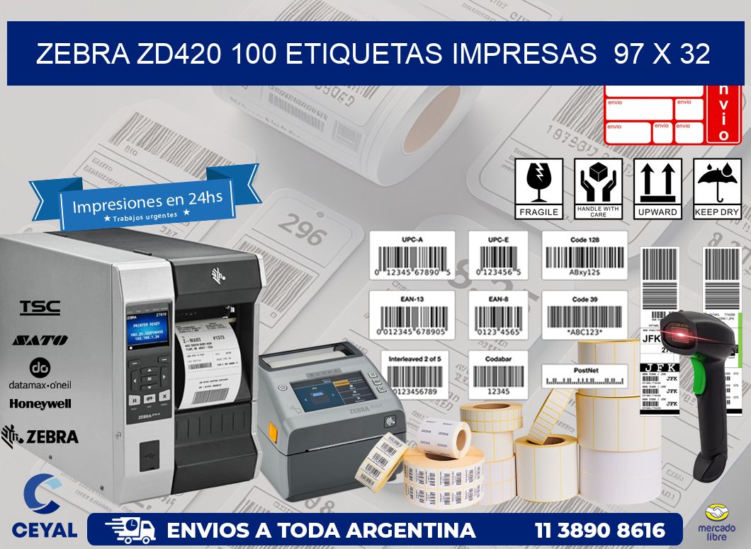 ZEBRA ZD420 100 ETIQUETAS IMPRESAS  97 x 32