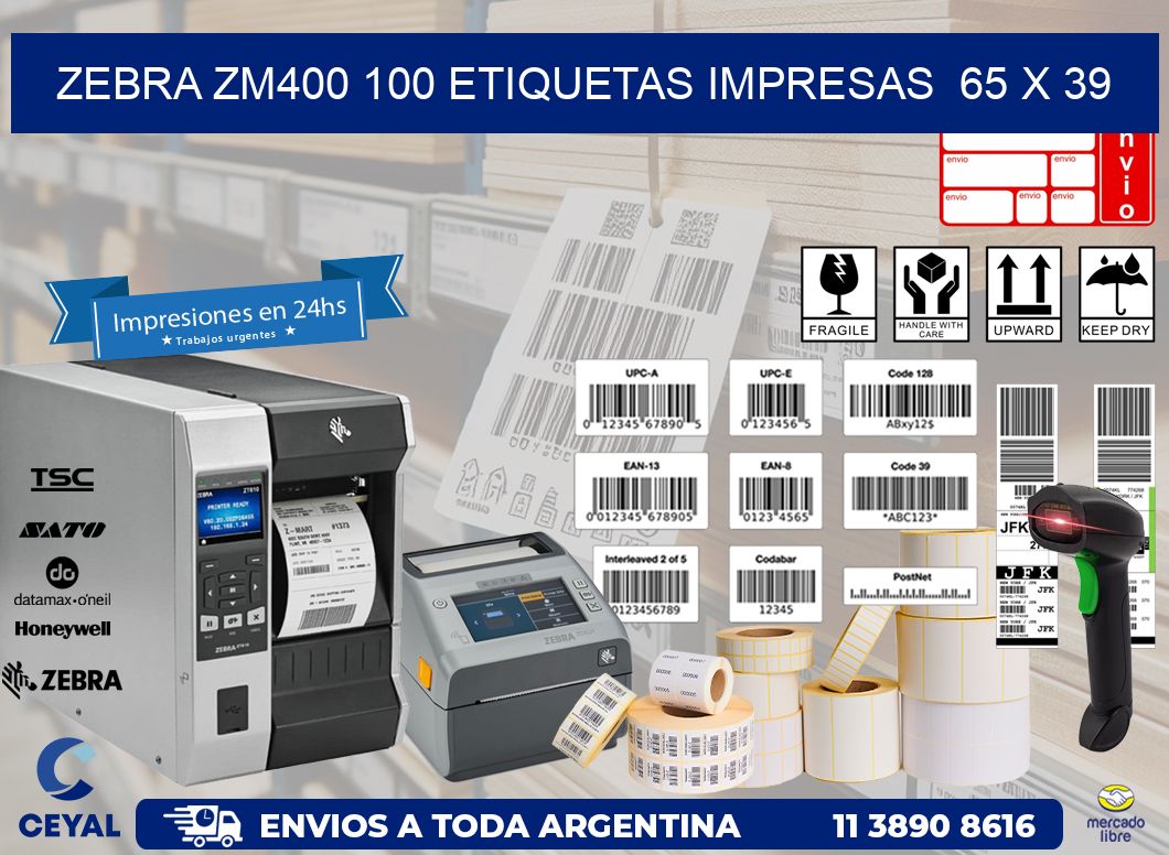 ZEBRA ZM400 100 ETIQUETAS IMPRESAS  65 x 39