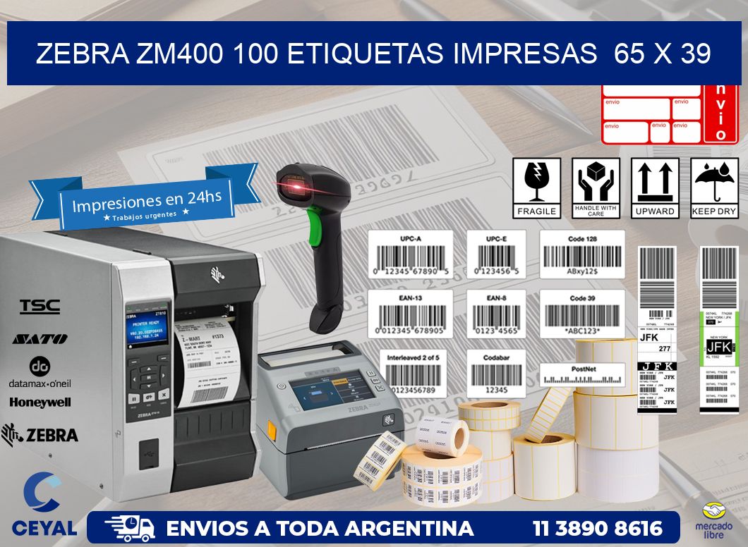 ZEBRA ZM400 100 ETIQUETAS IMPRESAS  65 x 39