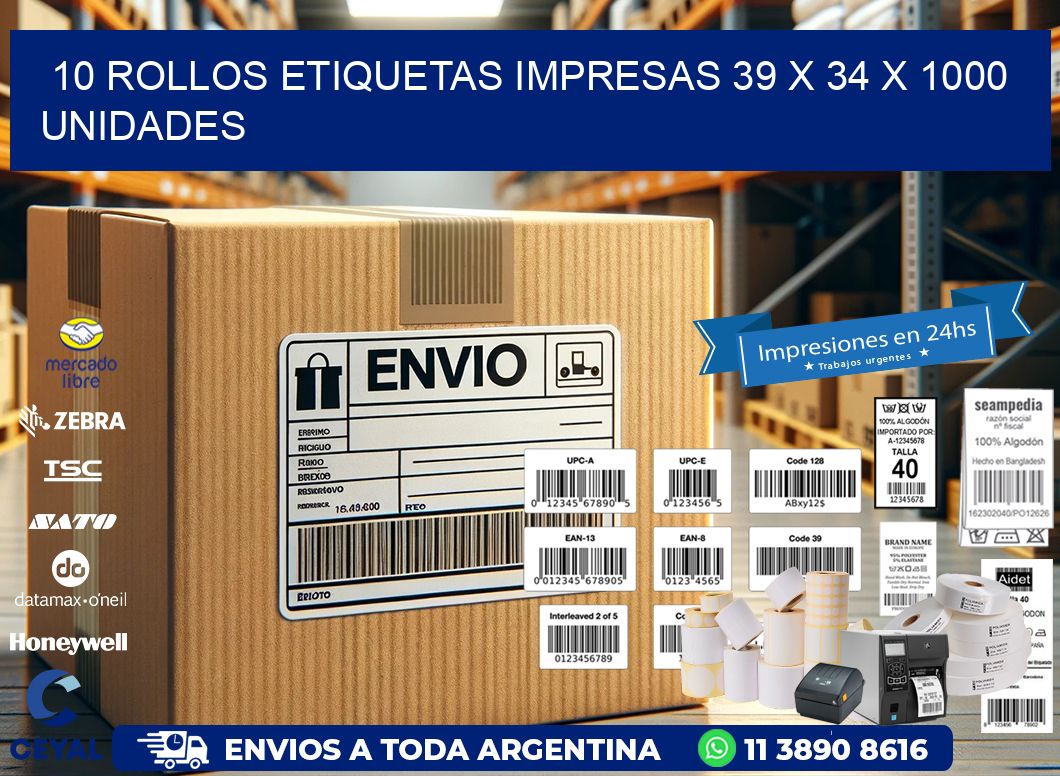 10 ROLLOS ETIQUETAS IMPRESAS 39 x 34 X 1000 UNIDADES