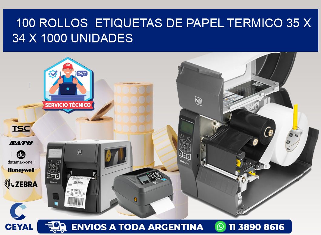 100 ROLLOS  ETIQUETAS DE PAPEL TERMICO 35 x 34 X 1000 UNIDADES