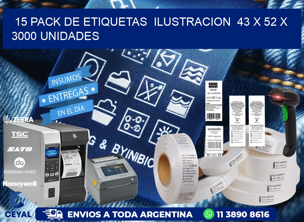 15 PACK DE ETIQUETAS  ILUSTRACION  43 x 52 X 3000 UNIDADES