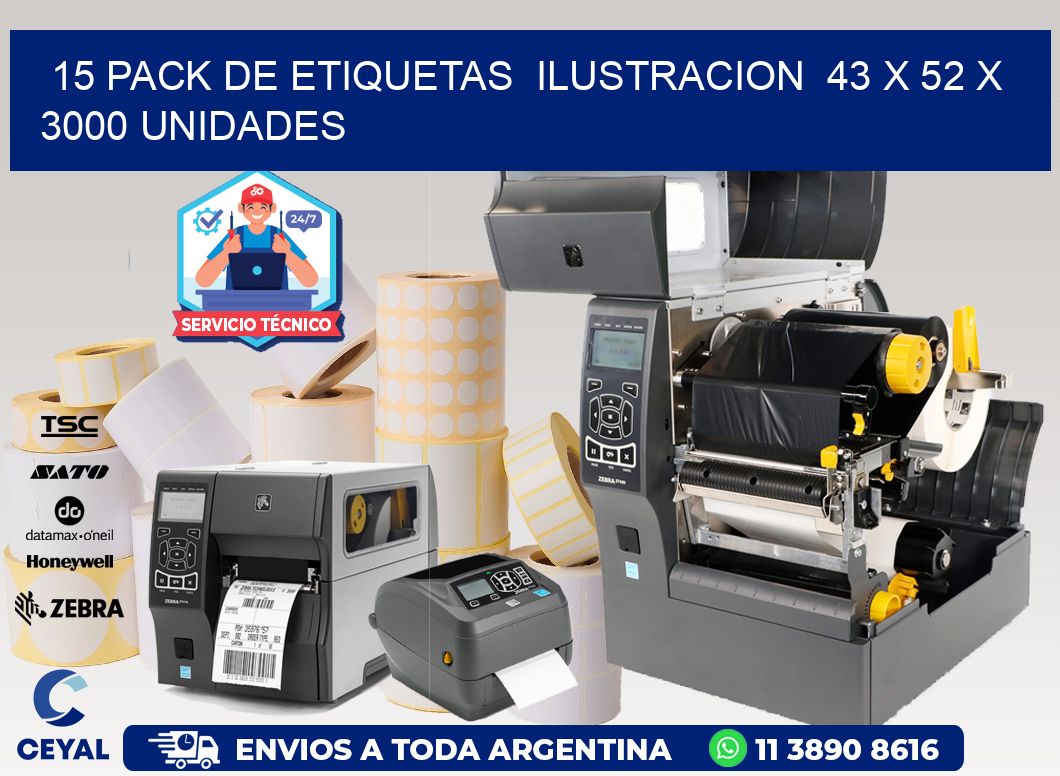 15 PACK DE ETIQUETAS  ILUSTRACION  43 x 52 X 3000 UNIDADES