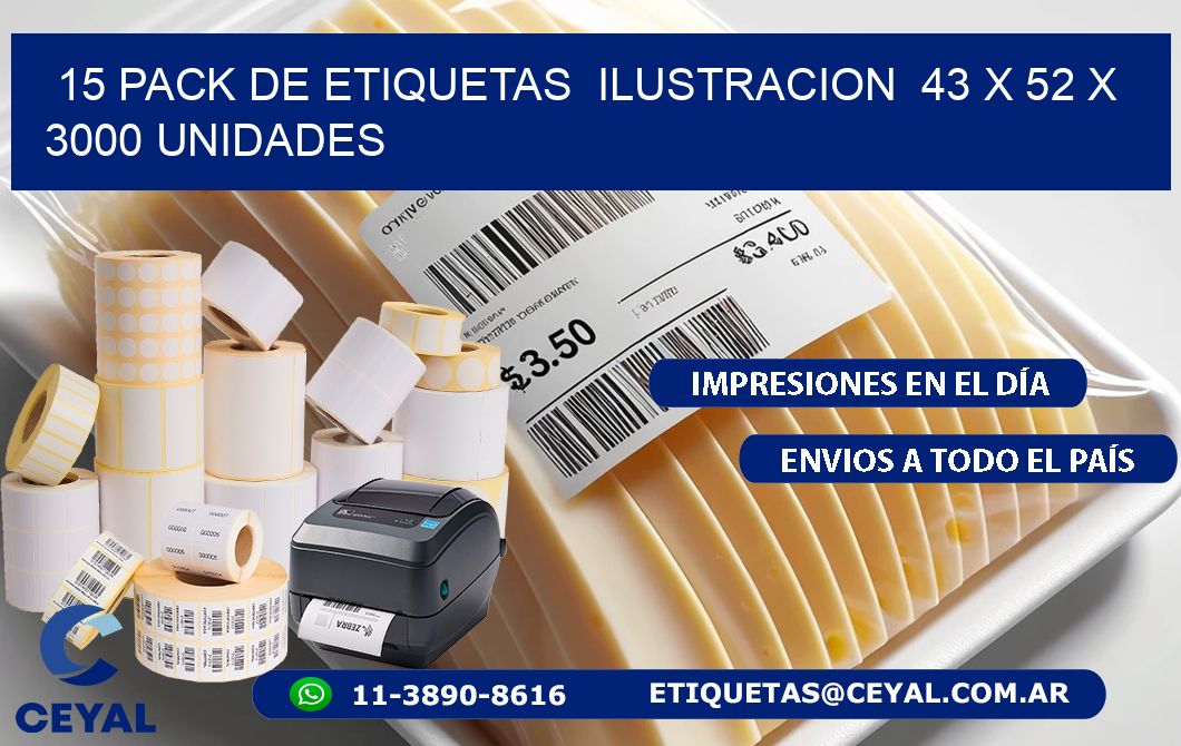 15 PACK DE ETIQUETAS  ILUSTRACION  43 x 52 X 3000 UNIDADES