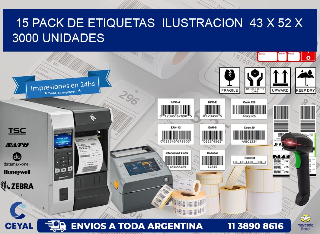 15 PACK DE ETIQUETAS  ILUSTRACION  43 x 52 X 3000 UNIDADES