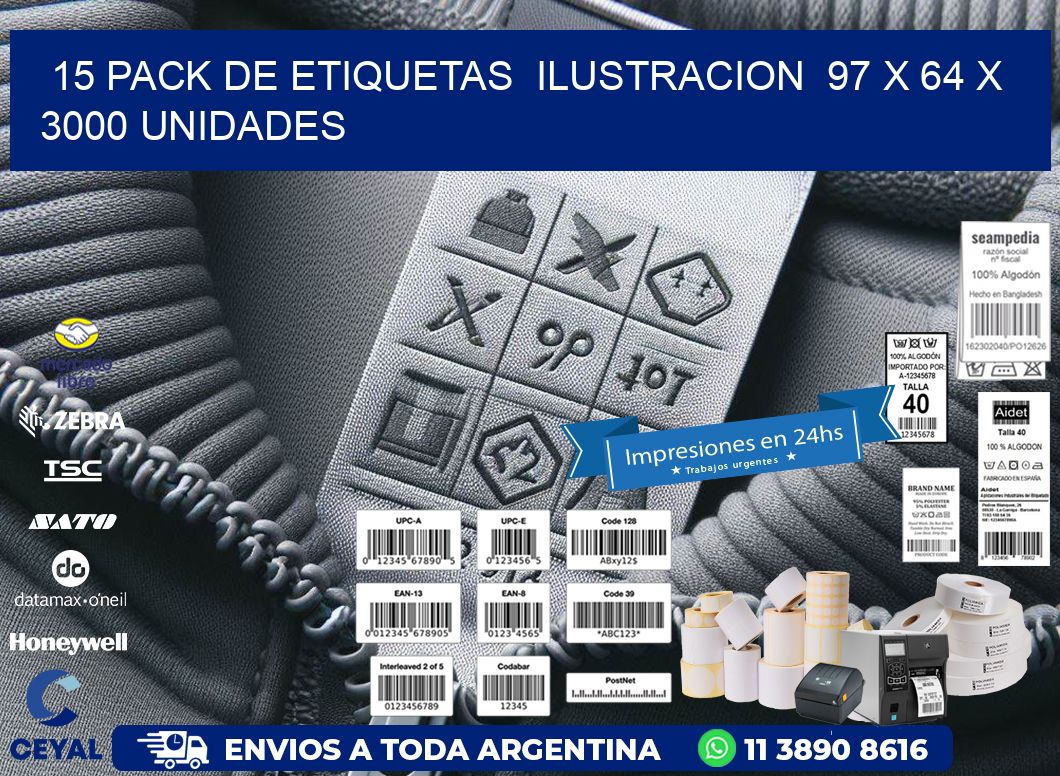 15 PACK DE ETIQUETAS  ILUSTRACION  97 x 64 X 3000 UNIDADES