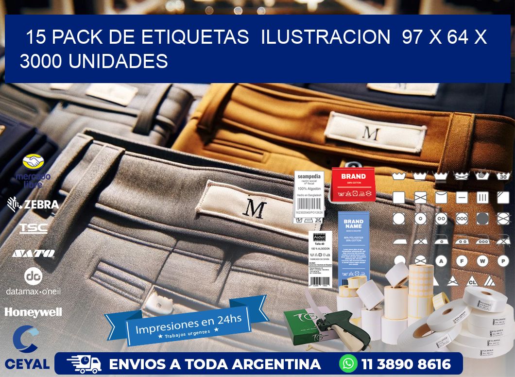 15 PACK DE ETIQUETAS  ILUSTRACION  97 x 64 X 3000 UNIDADES