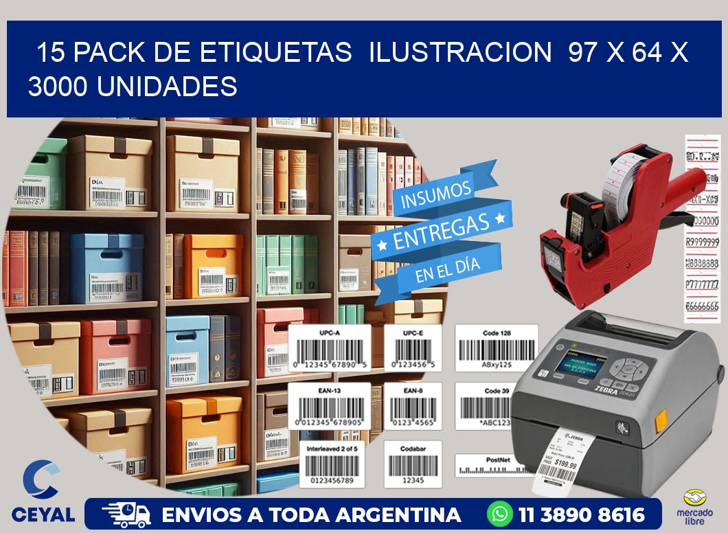 15 PACK DE ETIQUETAS  ILUSTRACION  97 x 64 X 3000 UNIDADES