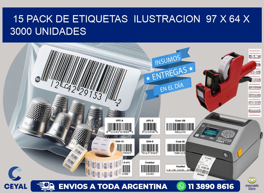 15 PACK DE ETIQUETAS  ILUSTRACION  97 x 64 X 3000 UNIDADES