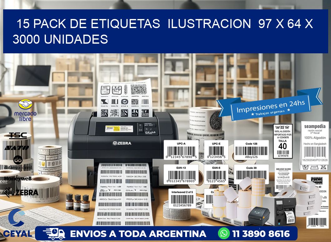 15 PACK DE ETIQUETAS  ILUSTRACION  97 x 64 X 3000 UNIDADES