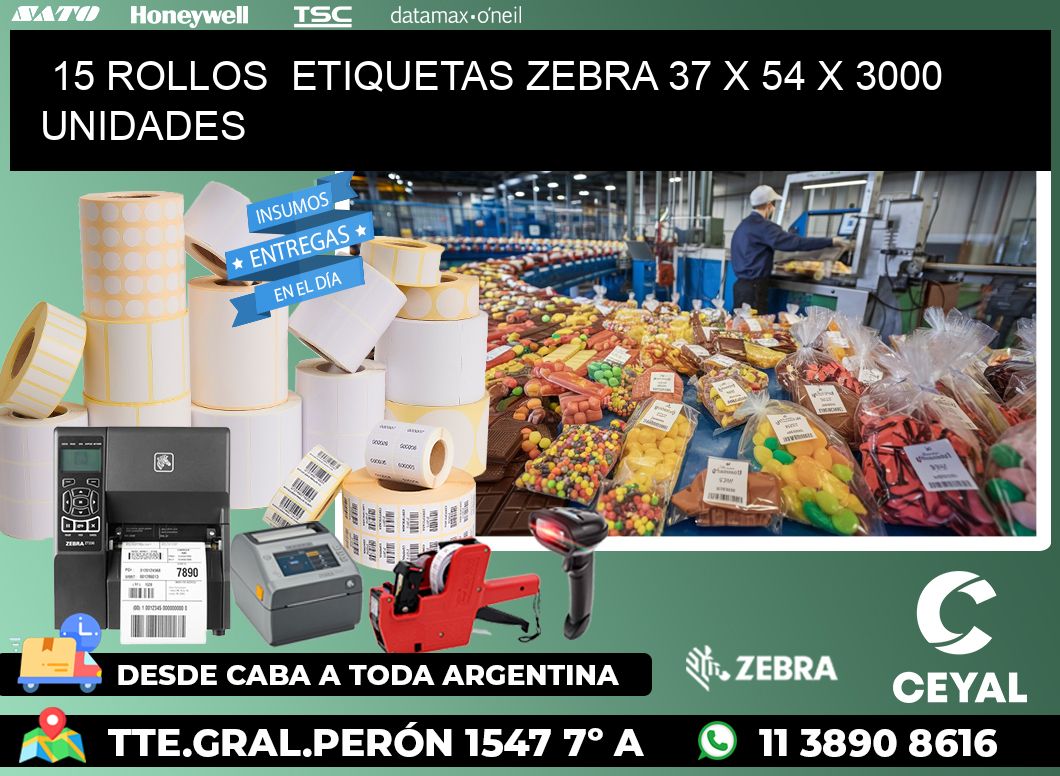 15 ROLLOS  ETIQUETAS ZEBRA 37 x 54 X 3000 UNIDADES