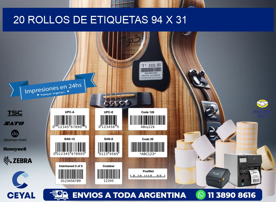 20 ROLLOS DE ETIQUETAS 94 x 31