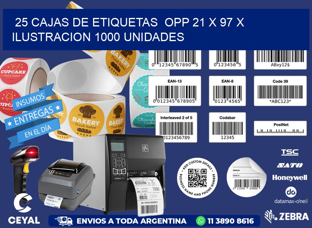 25 CAJAS DE ETIQUETAS  OPP 21 x 97 X ILUSTRACION 1000 UNIDADES