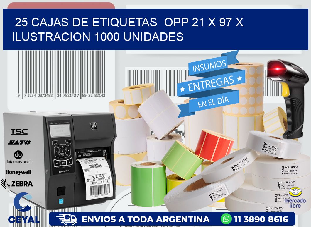 25 CAJAS DE ETIQUETAS  OPP 21 x 97 X ILUSTRACION 1000 UNIDADES