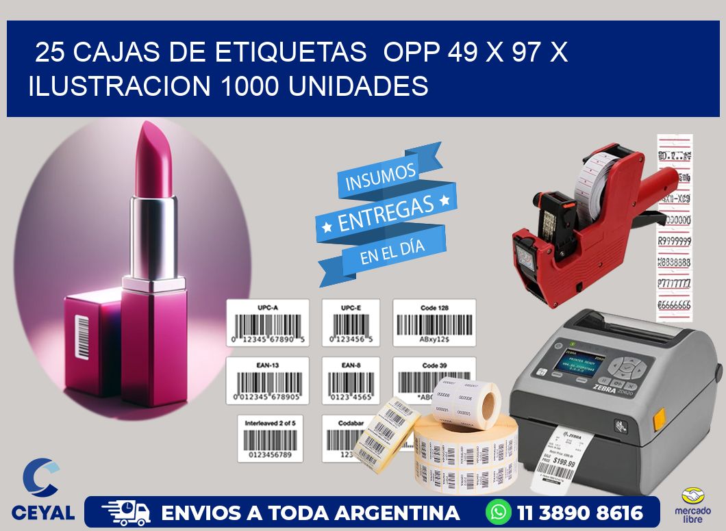 25 CAJAS DE ETIQUETAS  OPP 49 x 97 X ILUSTRACION 1000 UNIDADES