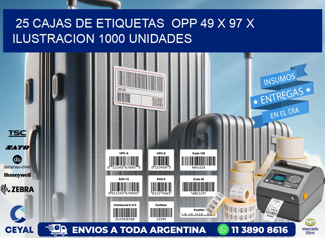 25 CAJAS DE ETIQUETAS  OPP 49 x 97 X ILUSTRACION 1000 UNIDADES