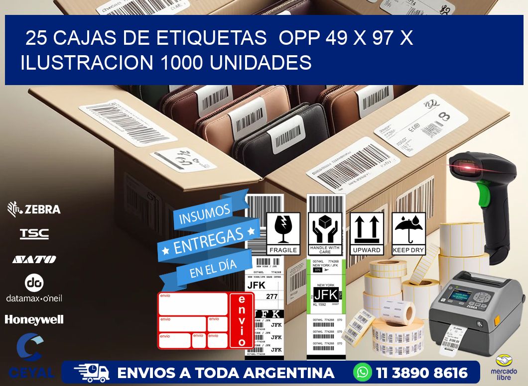 25 CAJAS DE ETIQUETAS  OPP 49 x 97 X ILUSTRACION 1000 UNIDADES