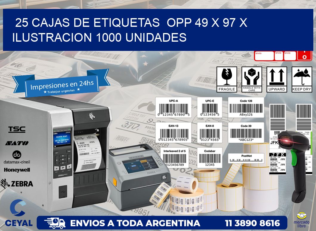 25 CAJAS DE ETIQUETAS  OPP 49 x 97 X ILUSTRACION 1000 UNIDADES