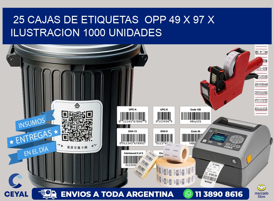 25 CAJAS DE ETIQUETAS  OPP 49 x 97 X ILUSTRACION 1000 UNIDADES