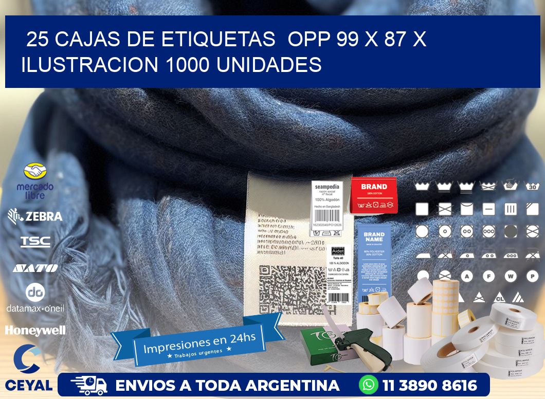 25 CAJAS DE ETIQUETAS  OPP 99 x 87 X ILUSTRACION 1000 UNIDADES