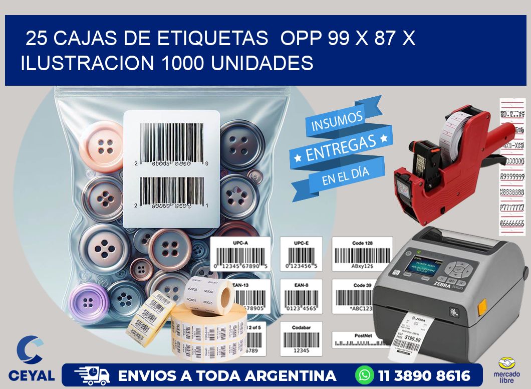 25 CAJAS DE ETIQUETAS  OPP 99 x 87 X ILUSTRACION 1000 UNIDADES