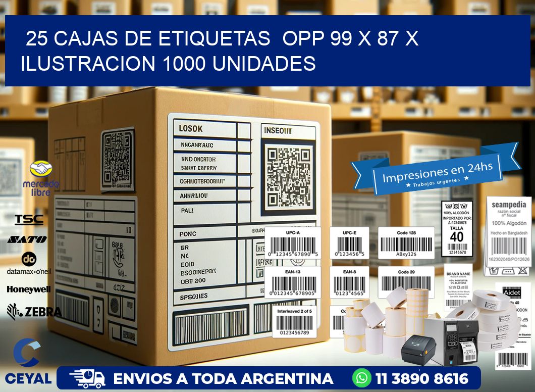 25 CAJAS DE ETIQUETAS  OPP 99 x 87 X ILUSTRACION 1000 UNIDADES