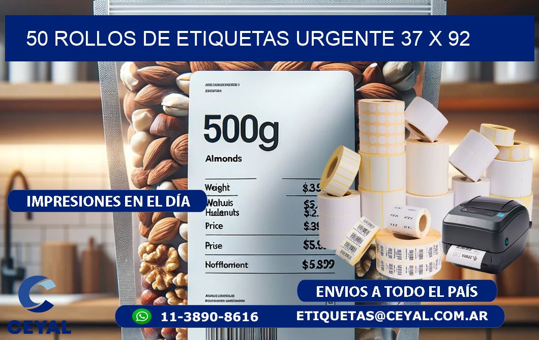 50 ROLLOS DE ETIQUETAS URGENTE 37 x 92