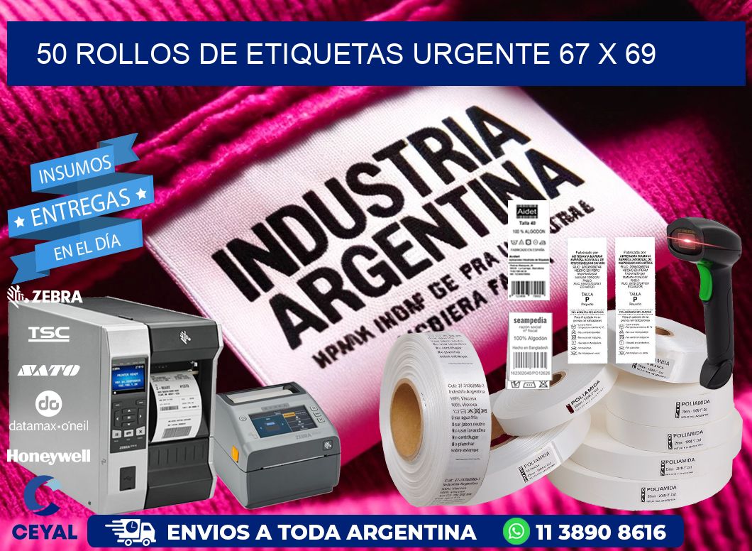 50 ROLLOS DE ETIQUETAS URGENTE 67 x 69
