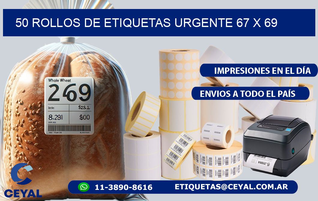 50 ROLLOS DE ETIQUETAS URGENTE 67 x 69