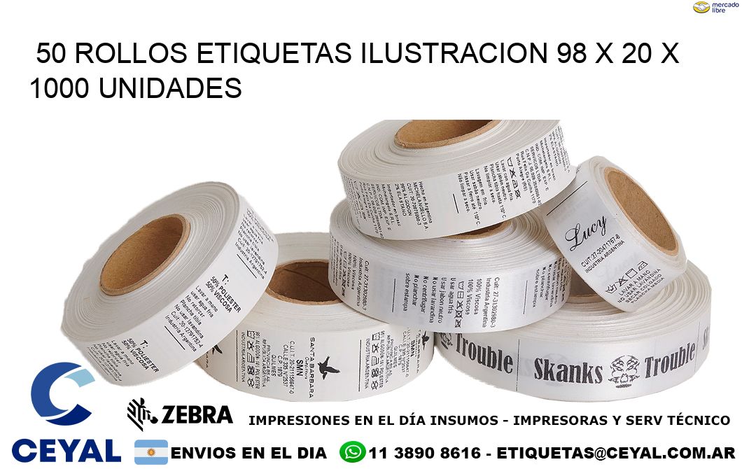 50 ROLLOS ETIQUETAS ILUSTRACION 98 x 20 X 1000 UNIDADES