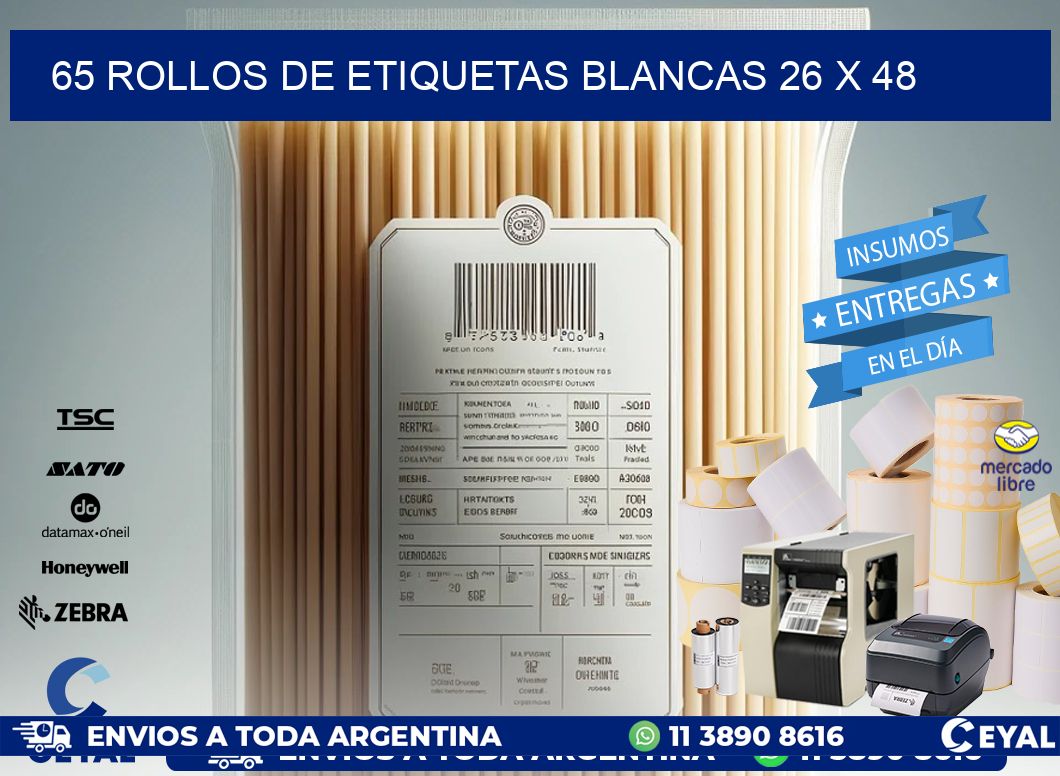 65 ROLLOS DE ETIQUETAS BLANCAS 26 x 48