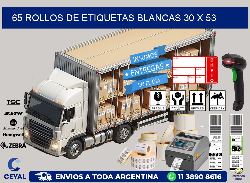 65 ROLLOS DE ETIQUETAS BLANCAS 30 x 53
