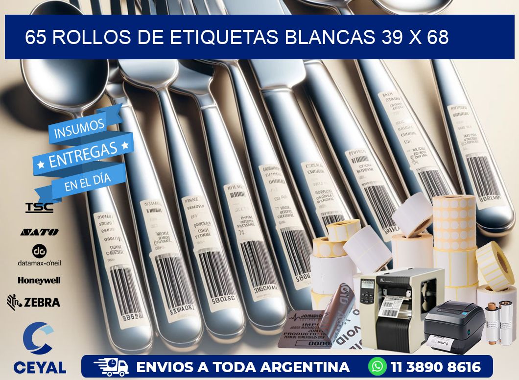 65 ROLLOS DE ETIQUETAS BLANCAS 39 x 68