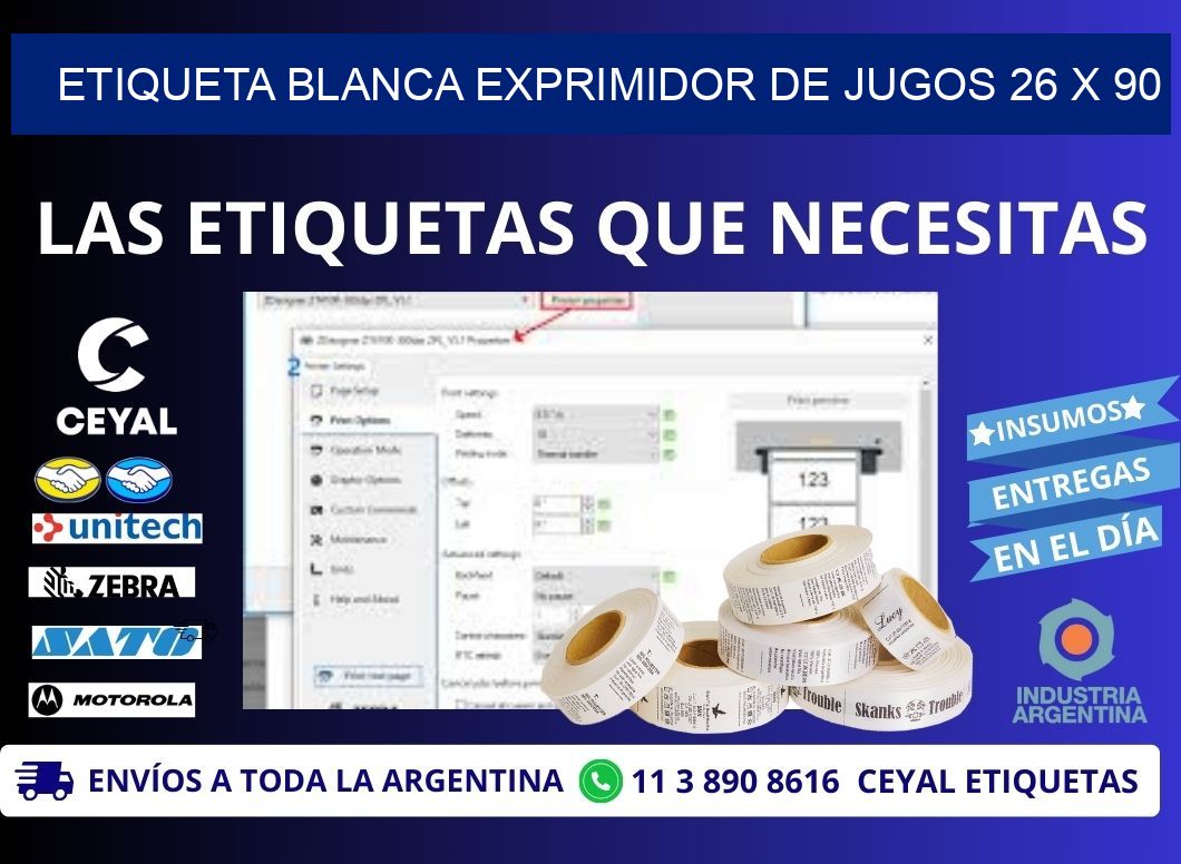 ETIQUETA BLANCA EXPRIMIDOR DE JUGOS 26 x 90