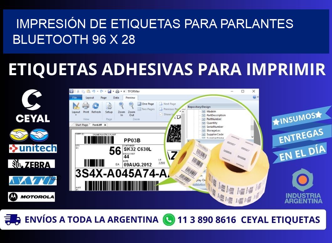 IMPRESIÓN DE ETIQUETAS PARA PARLANTES BLUETOOTH 96 x 28