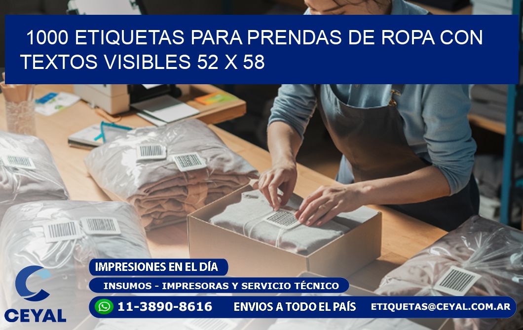 1000 ETIQUETAS PARA PRENDAS DE ROPA CON TEXTOS VISIBLES 52 x 58