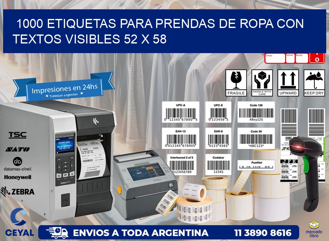 1000 ETIQUETAS PARA PRENDAS DE ROPA CON TEXTOS VISIBLES 52 x 58