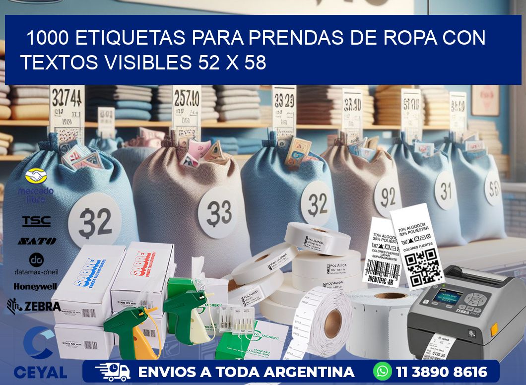 1000 ETIQUETAS PARA PRENDAS DE ROPA CON TEXTOS VISIBLES 52 x 58