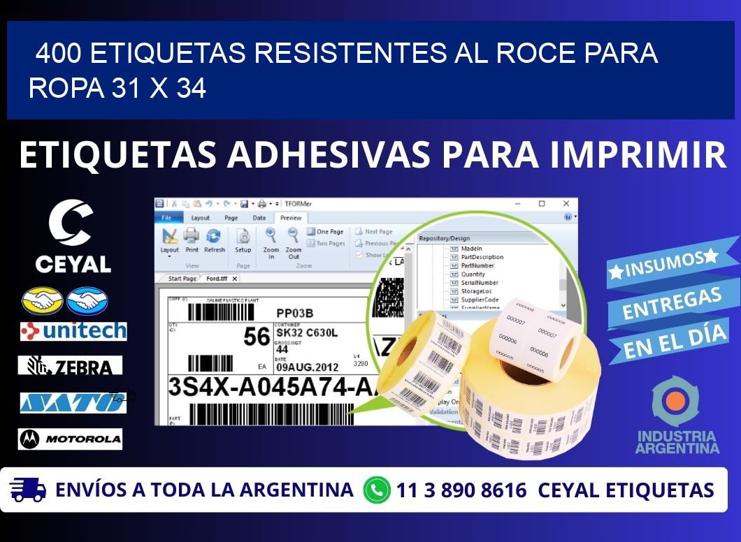 400 ETIQUETAS RESISTENTES AL ROCE PARA ROPA 31 x 34